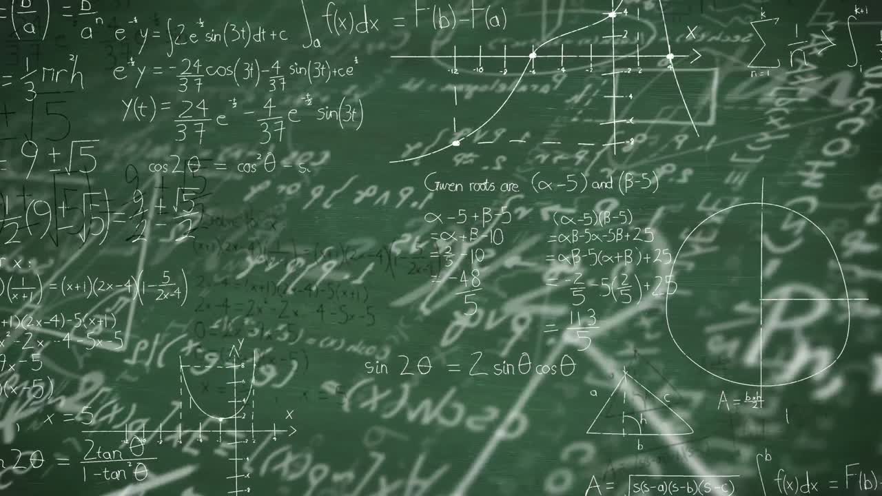 녹색 배경에 대한 수학적 방정식과 다이어그램의 애니메이션