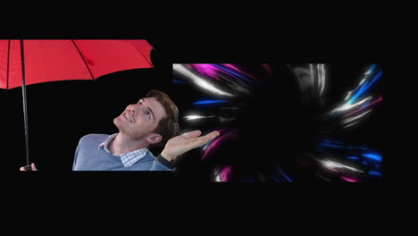 animación de un hombre caucásico feliz con paraguas rojo y luces coloridas moviéndose sobre un fondo negro
