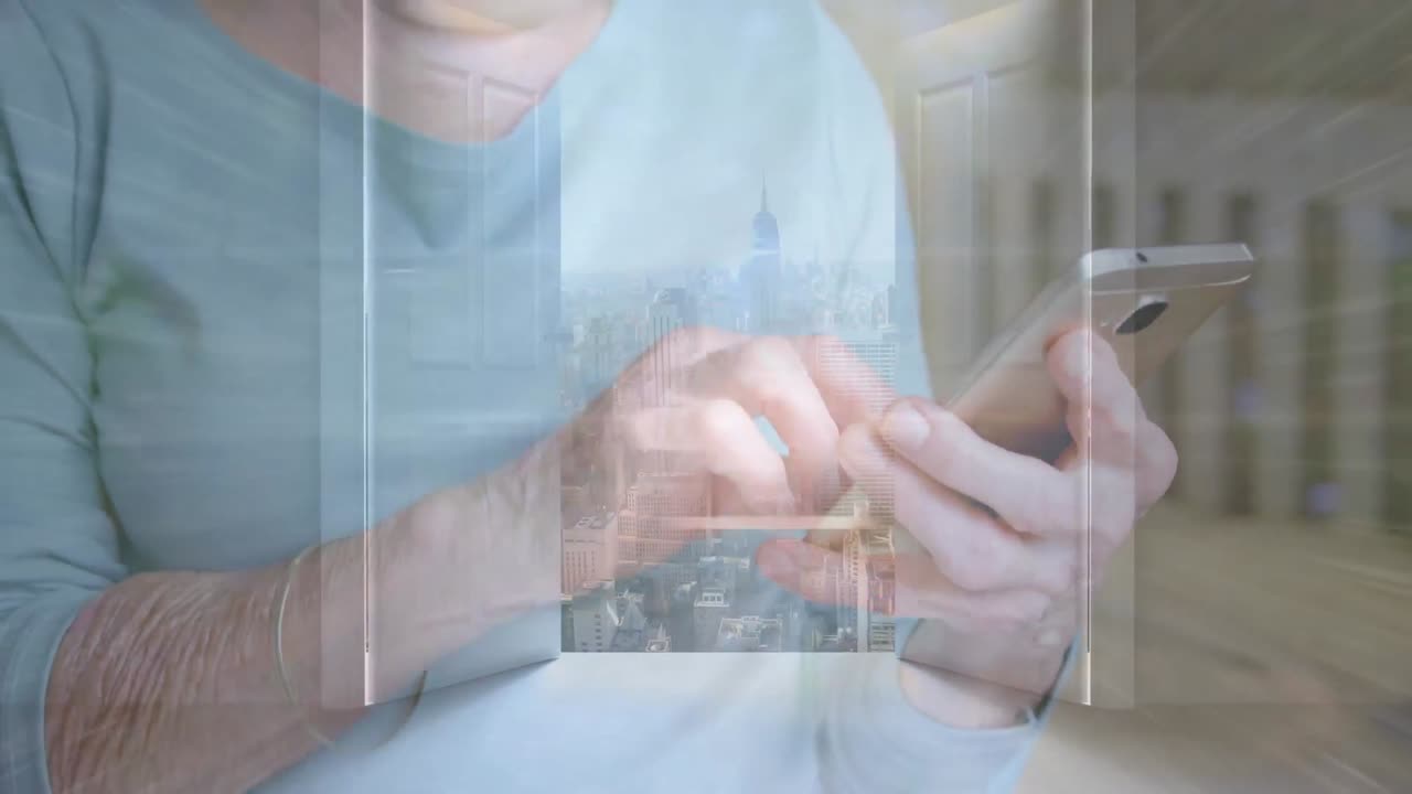 스마트폰을 사용하는 고위 백인 사업가에 대한 도시 풍경의 애니메이션