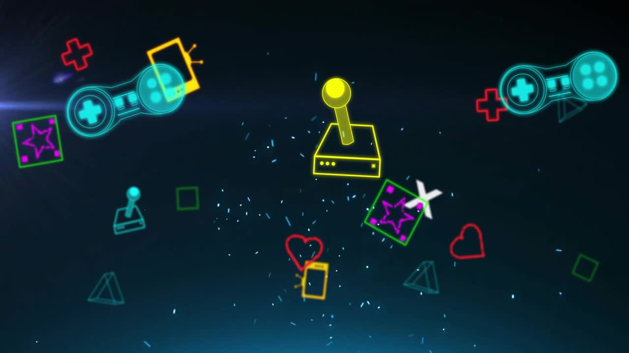 Animazione di controller e icone di videogiochi colorati su particelle bianche su sfondo nero