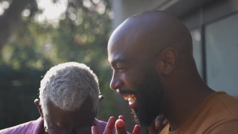 senior father talking and laughing with adult son in garden at home