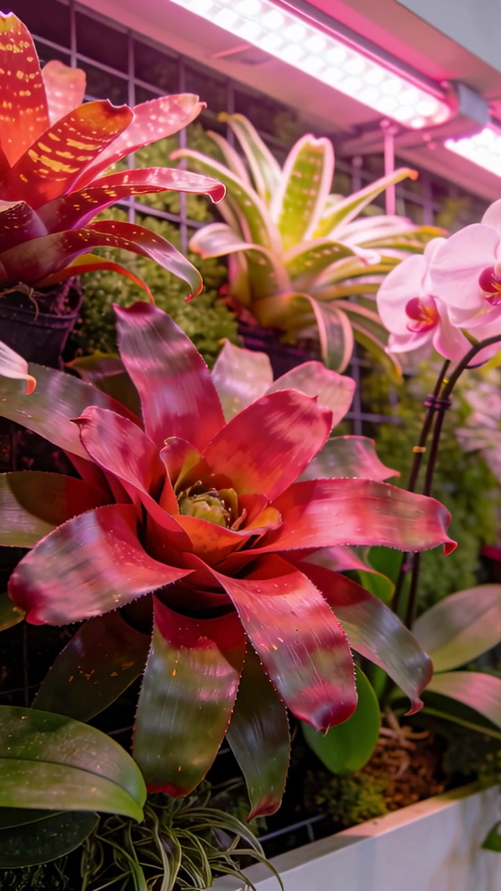 Video verticale: Panoramica della telecamera illuminata dal bagliore di una luce di crescita a LED, che rivela una bromelia rossa in un negozio.