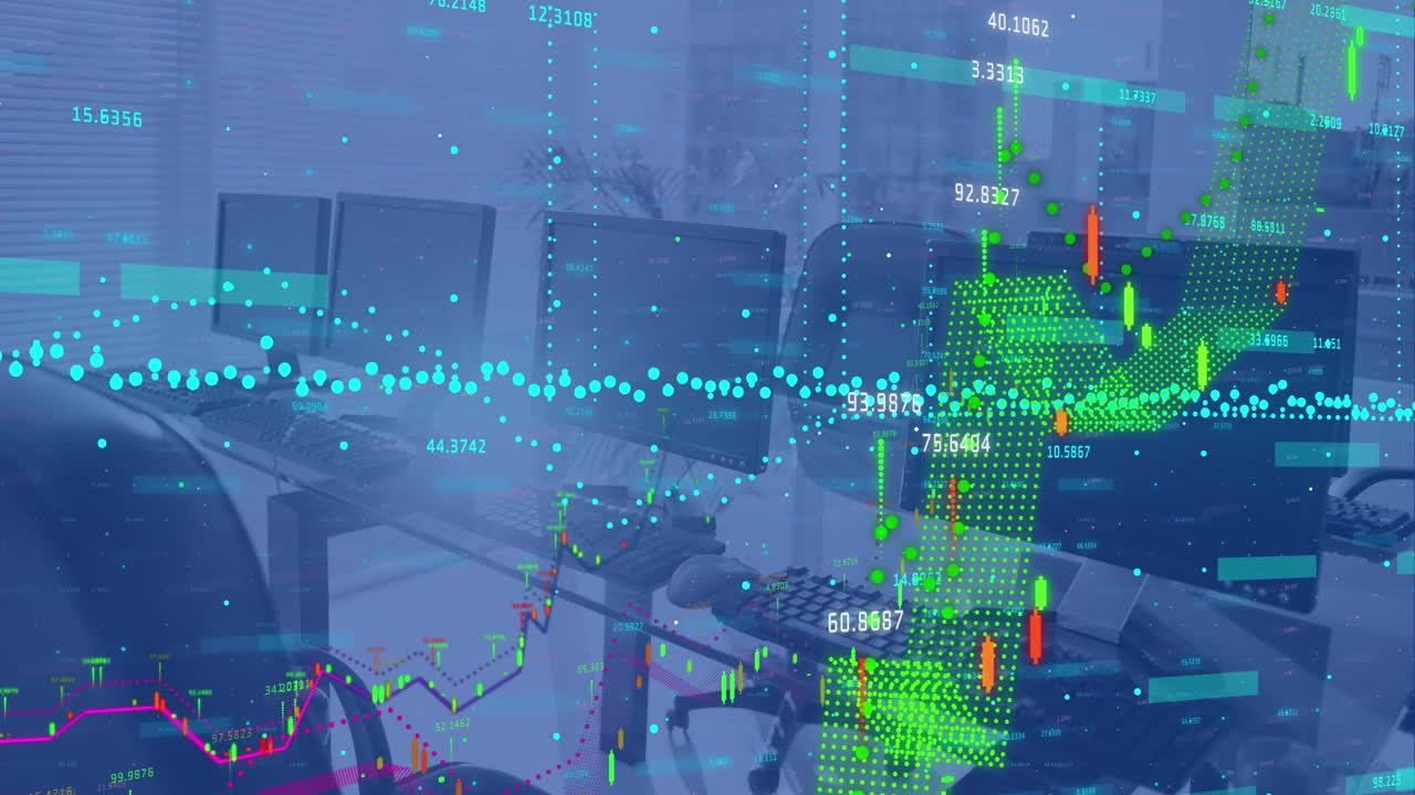 animazione dell'elaborazione dei dati finanziari contro i computer sulle scrivanie degli uffici