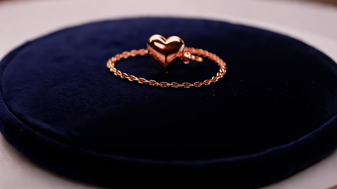 Câmera em movimento desfocando e focando novamente o pingente de coração em ouro rosa sobre uma almofada de veludo azul-marinho, revelando a textura da corrente