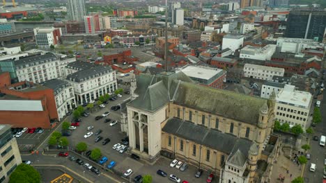 Aerial-shot-of-St-Anne's-Cathedral-in-Belfast's-Cathedral-Quarter-in-Northern-Ireland