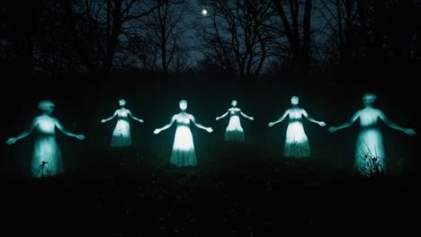 ethereal specters in the moonlit forest: a haunting visual of ghostly figures enveloped in a glowing aura, capturing the mystique of the enchanted night