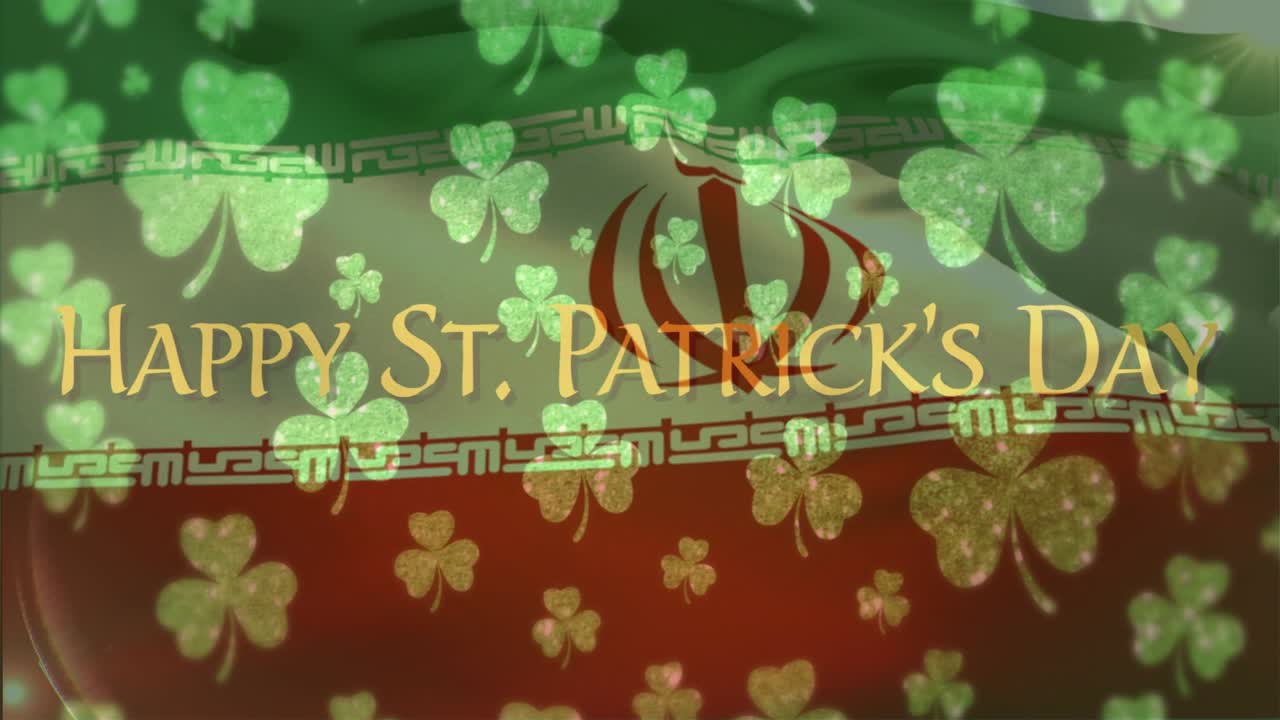 On loop centering gold greeting on waving IR flag, clovers drifting, celebrating St Patrick's Day