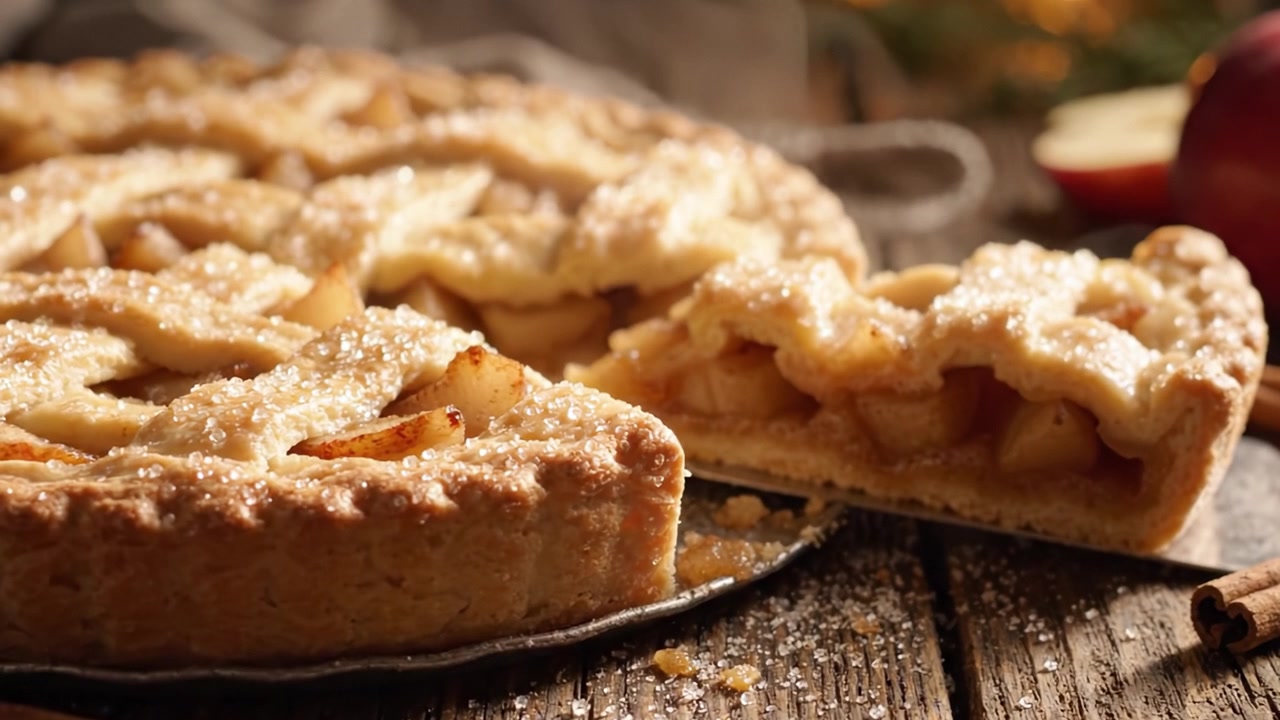Squisita torta di mele al forno con crosta friabile e ripieno dolce, catturata in un primo piano, che evidenzia il fascino rustico dei dolci fatti in casa.