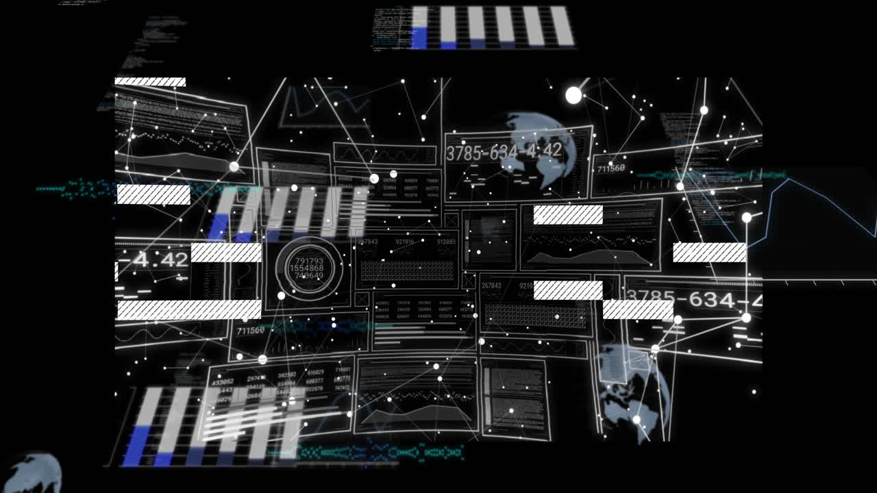 Digital interface with data processing and world map animation over dark background