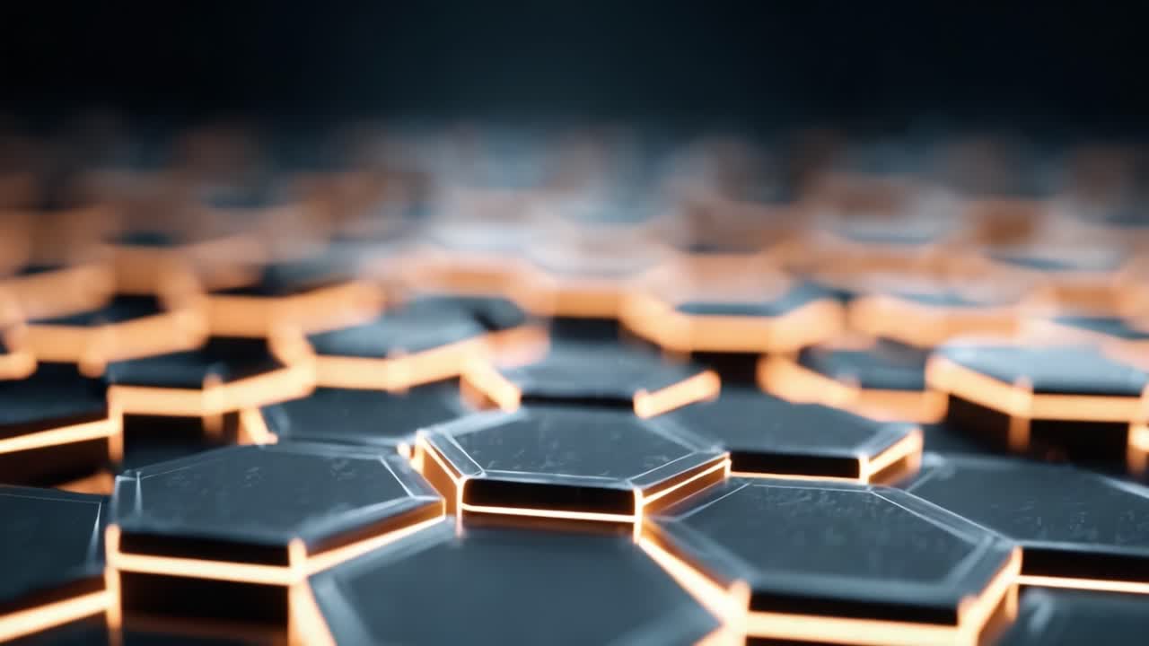 A Glimmering Hexagonal Surface Transitions from Darkness to Light, Showcasing a Modern and Futuristic Design with Radiant Accents and Textured Patterns