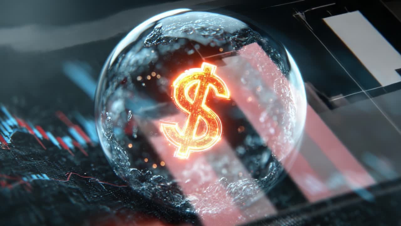 Lähikuva hehkuvasta dollarimerkistä läpinäkyvän pallon sisällä, symboloiden talouskasvua ja datatrendejä digitaalisessa ympäristössä.