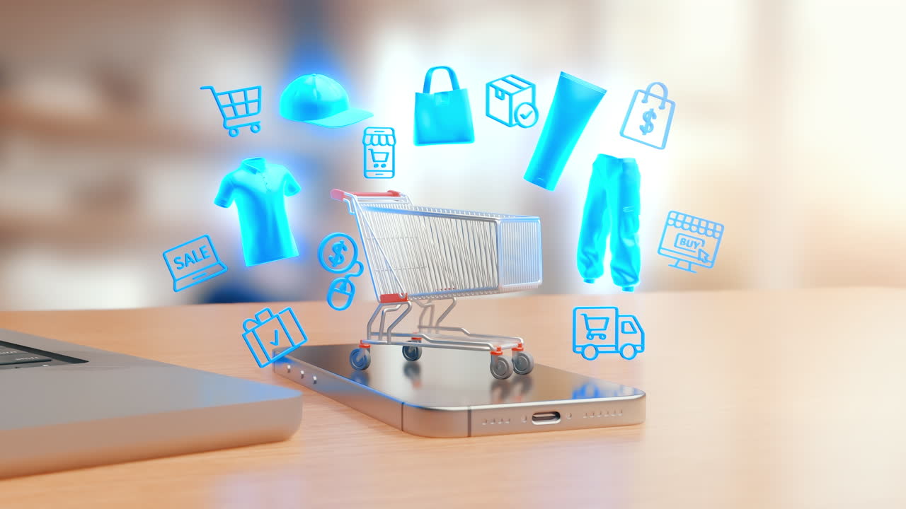 mostrando un telefono cellulare e un laptop su una scrivania con un carrello della spesa e icone olografiche di e-commerce come abbigliamento, furgone per le consegne, saldi e imballaggio del prodotto che fluttuano sopra il telefono