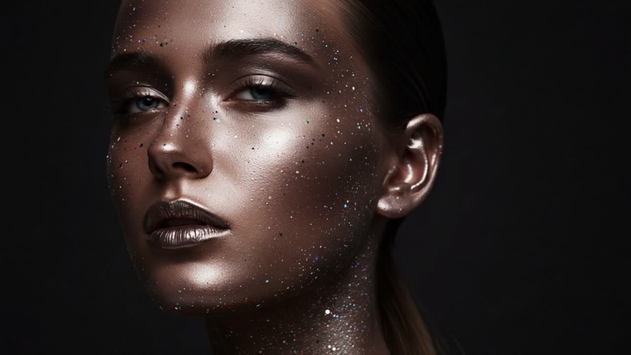 Stunning Portrait of a Model with Glittering Makeup and Radiant Skin, Capturing Beauty and Artistry in a Dark Setting with Subtle Elegance