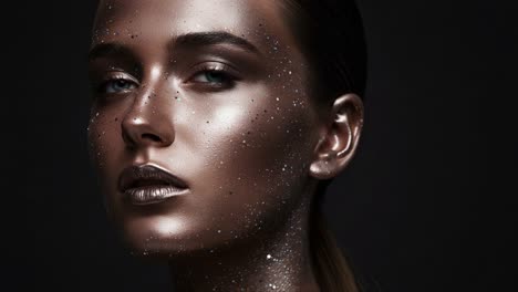 stunning portrait of a model with glittering makeup and radiant skin, capturing beauty and artistry in a dark setting with subtle elegance