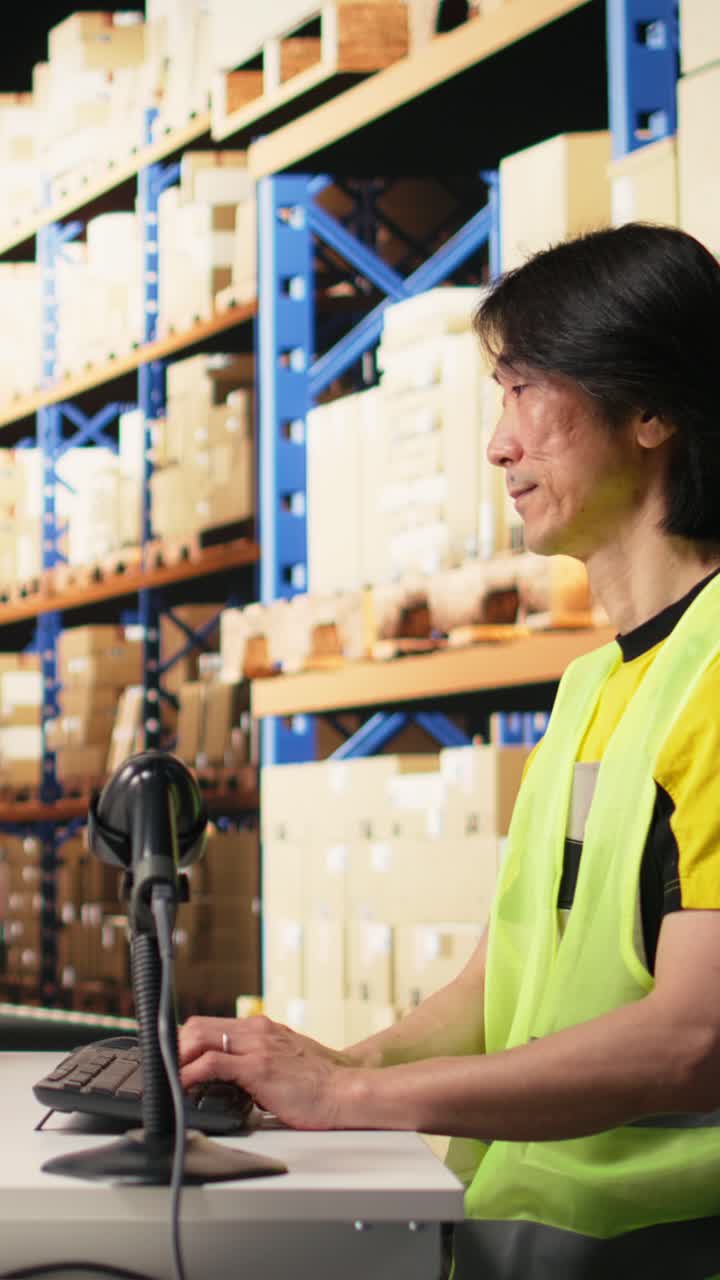 Vertical Video Tired overworked person in hi vis vest scanning shipping labels