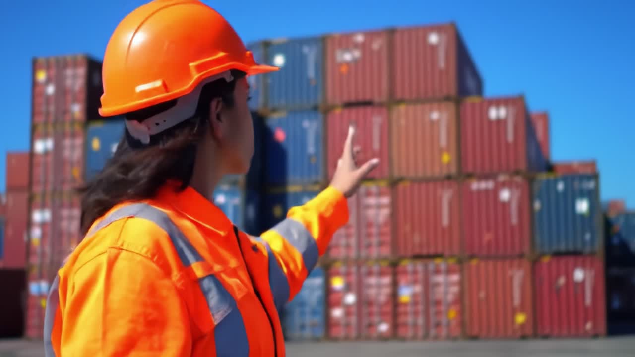 Profile of a Female Worker in Bright Safety Gear Overseeing Shipping Containers in a Busy Port Environment