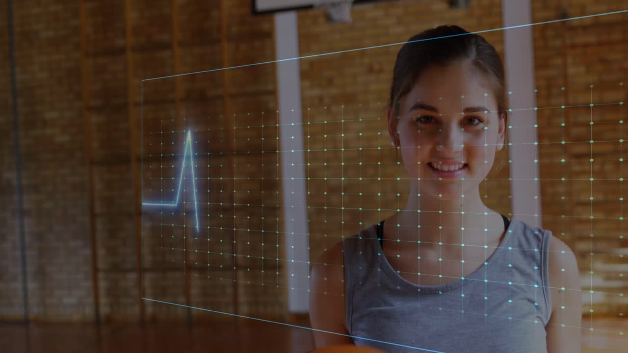 Animation of neon heart rate over happy caucasian woman with basketball
