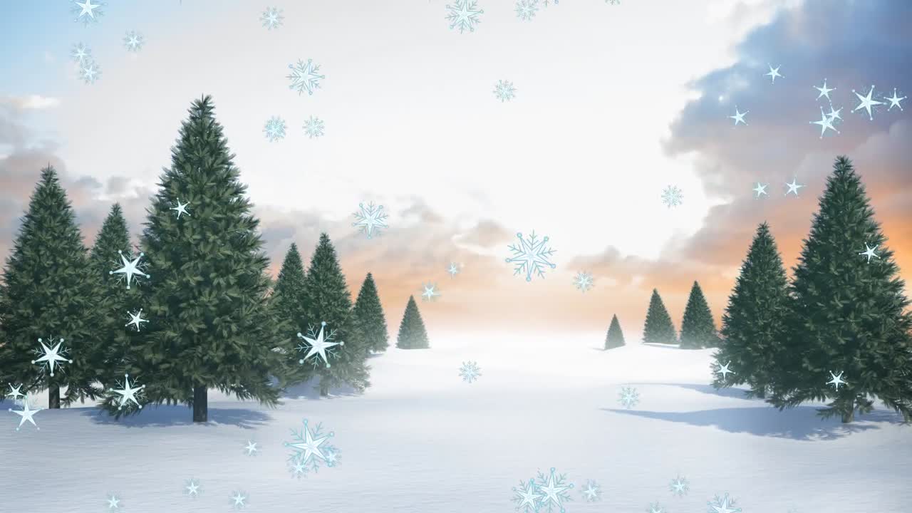 겨울 풍경 위에 내리는 눈의 애니메이션