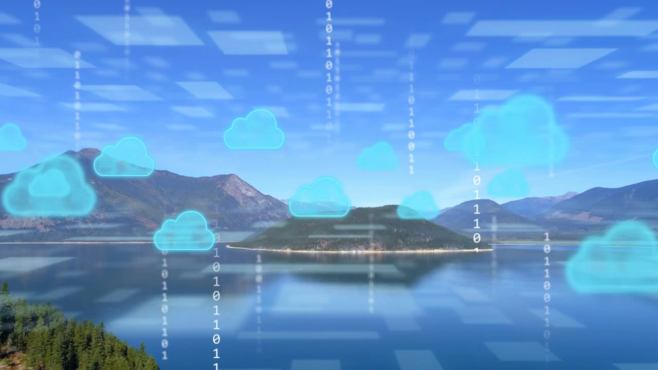 Grid rising, cyan clouds forming over island reflection, digit rain falling, visualizing data
