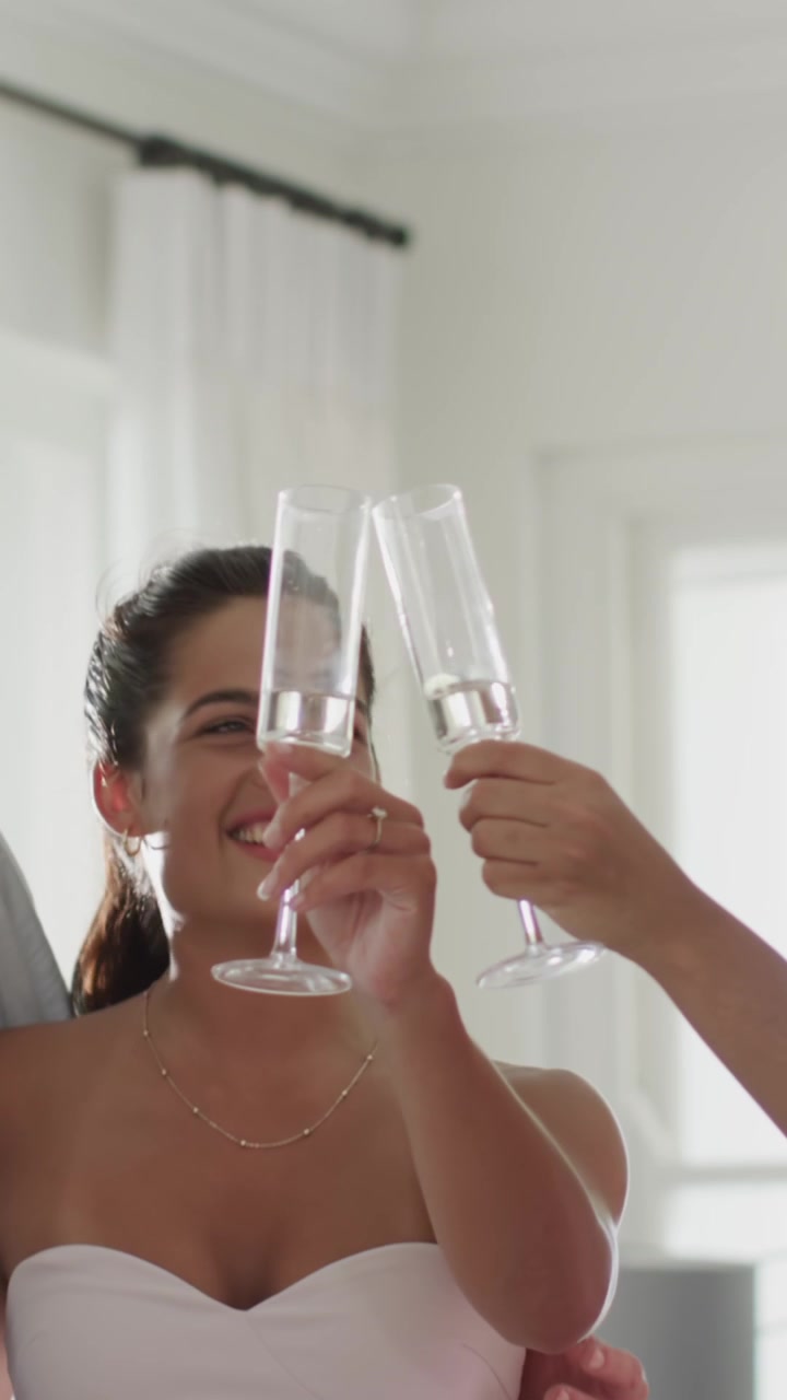 Video verticale: Famiglia e amici a casa che brindano con calici dopo che una donna in bianco ha parlato