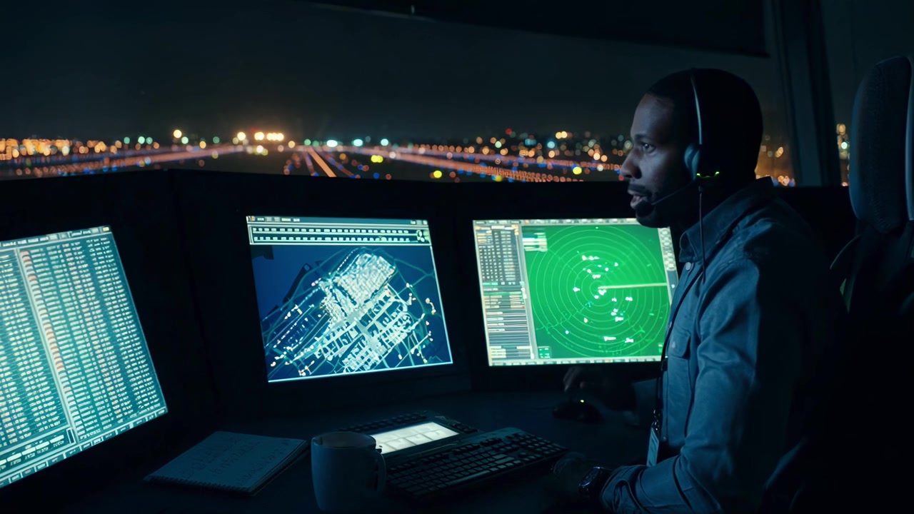 Air Traffic Controller Working in Airport Tower at Night