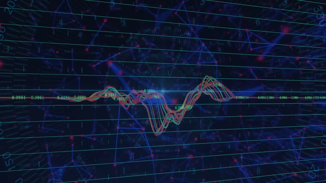 검은색 배경에 떠다니는 파란색 기하학적 모양 위에 다채로운 그래프의 애니메이션