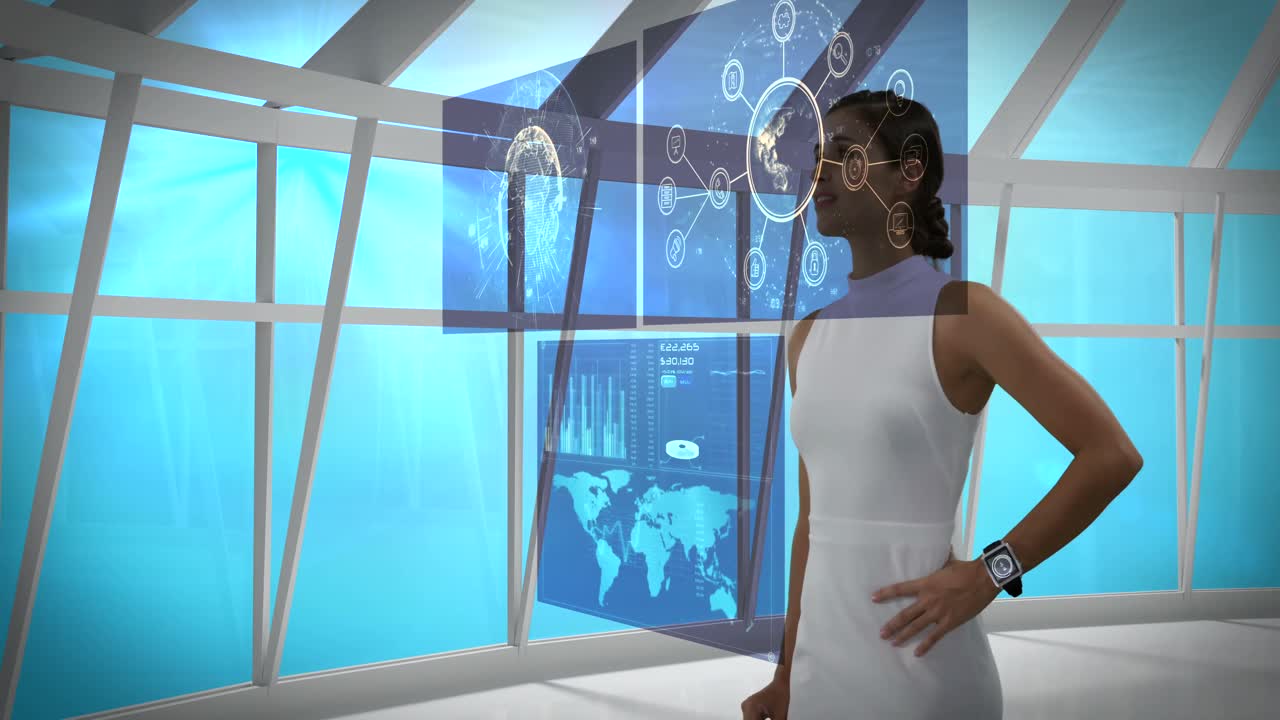 디지털 스크린을 사용하는 사업가