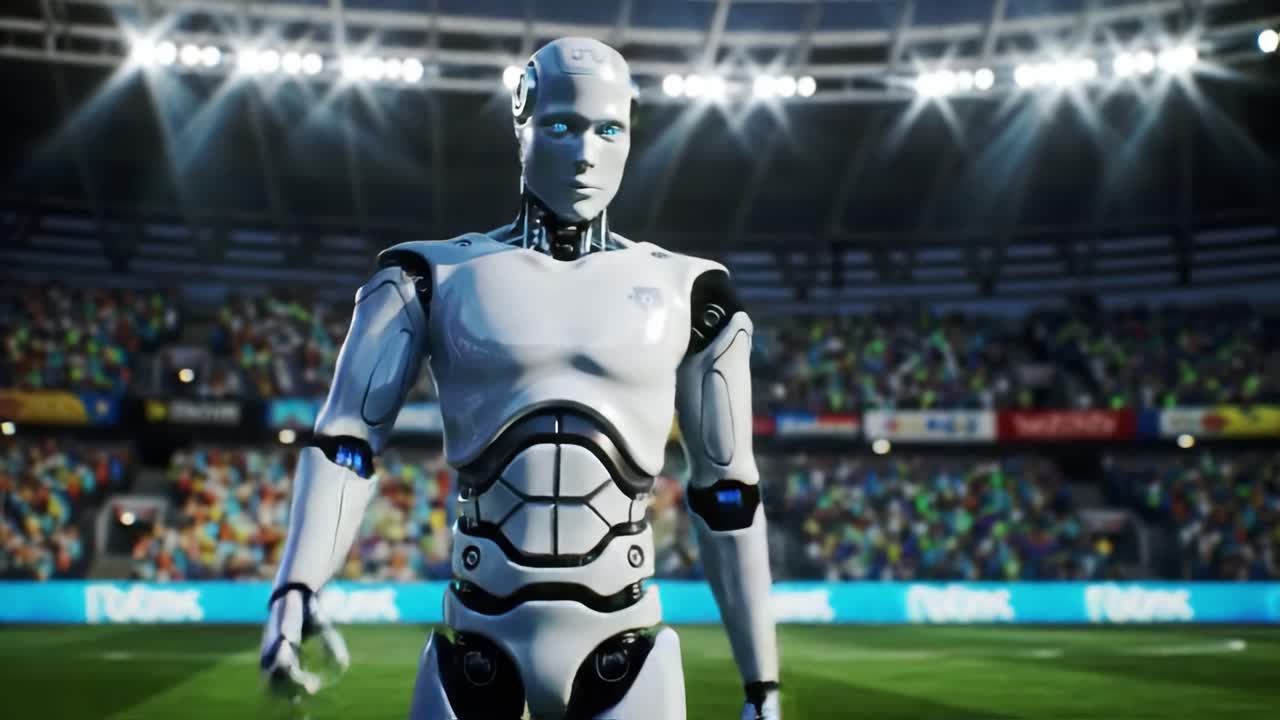 Futuristic Robot Athlete Ready for Competition in an Energetic Soccer Stadium with Bright Lights and Enthusiastic Crowd
