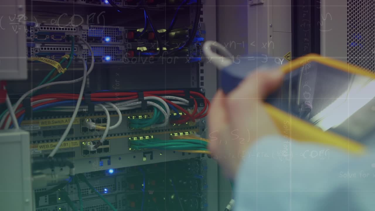 Animation of data processing over caucasian male it technician and computer servers