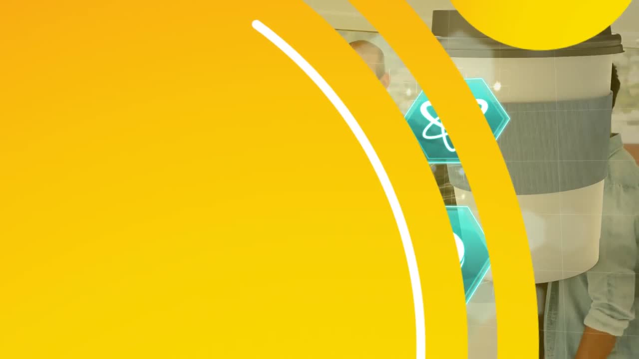 animación de forma amarilla con espacio de copia sobre íconos químicos y diversos compañeros de trabajo.