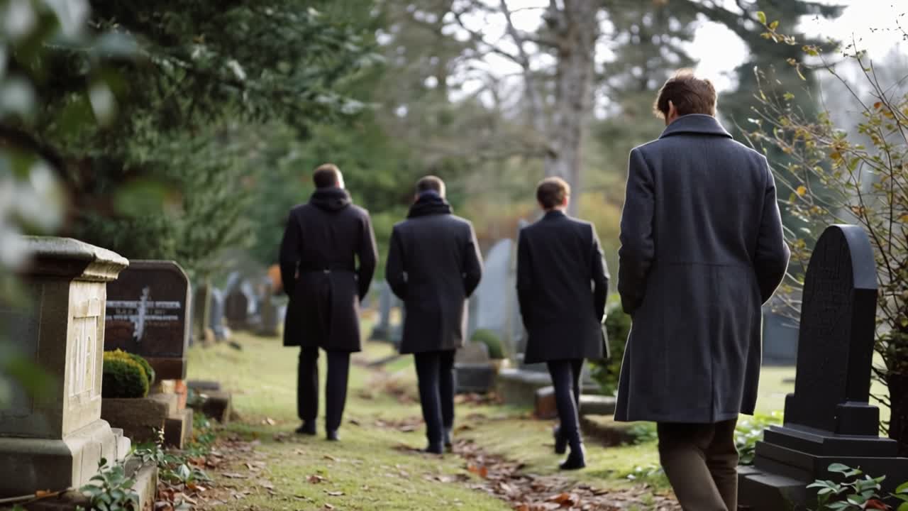 Quattro uomini in cappotti scuri camminano solennemente attraverso un cimitero. Si muovono lentamente, a capo chino, con i piedi su sentieri erbosi. Gli alberi si ergono alti, proiettando ombre sulle lapidi di pietra. La scena evoca un dolore silenzioso e la perdita.
