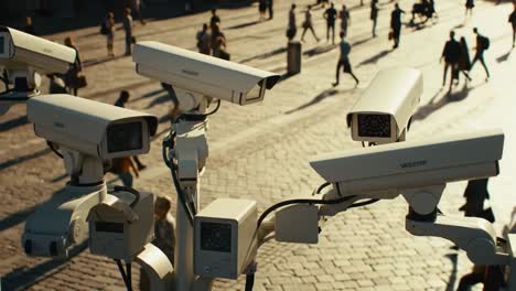 surveillance technology in urban spaces: a look at security cameras overseeing public areas and people interacting in vibrant city scenes