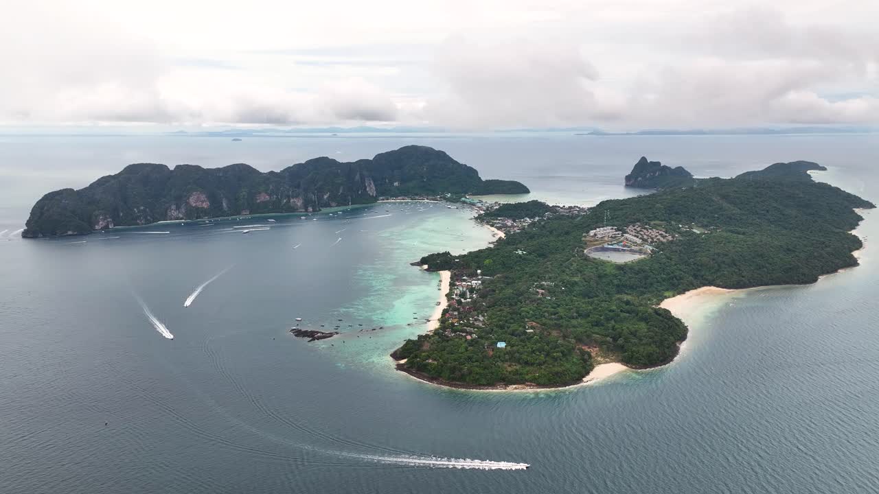 Aerial wide of Koh Phi Phi Don Island, Thailand, cloudy moody day, travel destination.