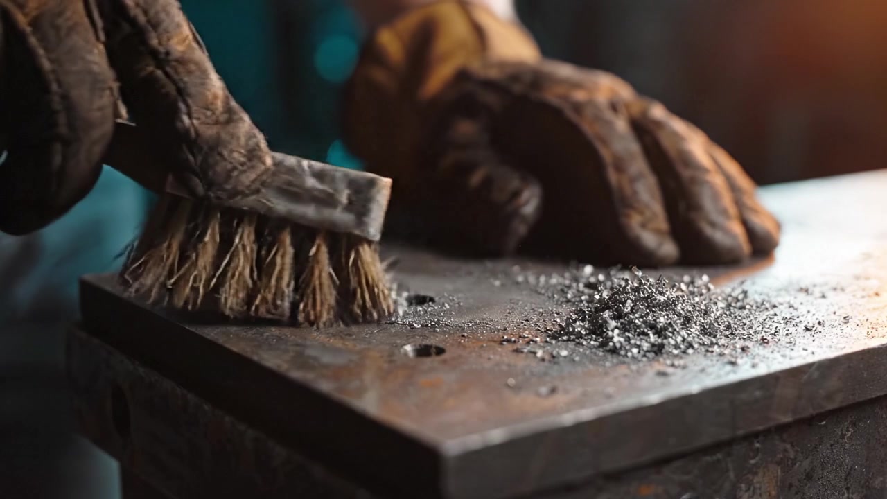 Artisan nettoyant une surface métallique avec une brosse, enlevant copeaux et étincelles dans un atelier, soulignant la précision et le savoir-faire du processus de travail du métal