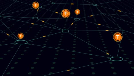 animated 4k tether cryptocurrency mining process shown on a dark background