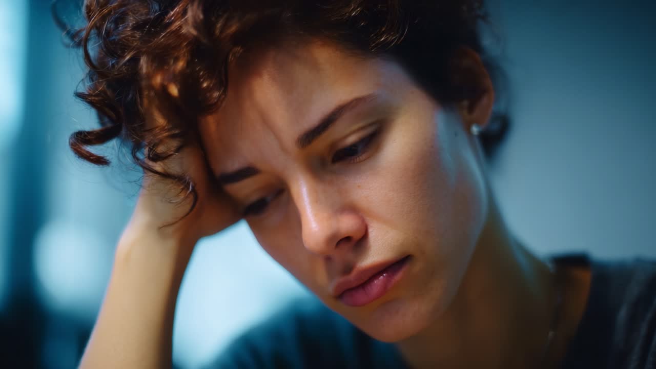 A contemplative woman with curly hair experiences deep emotions, reflecting on thoughts and feelings in a moment of introspection and vulnerability