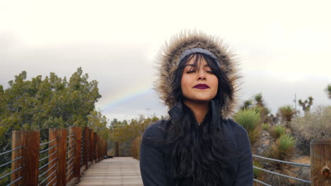 una hermosa joven hispana en un frío día tormentoso con un arco iris en el oscuro cielo nublado a cámara lenta