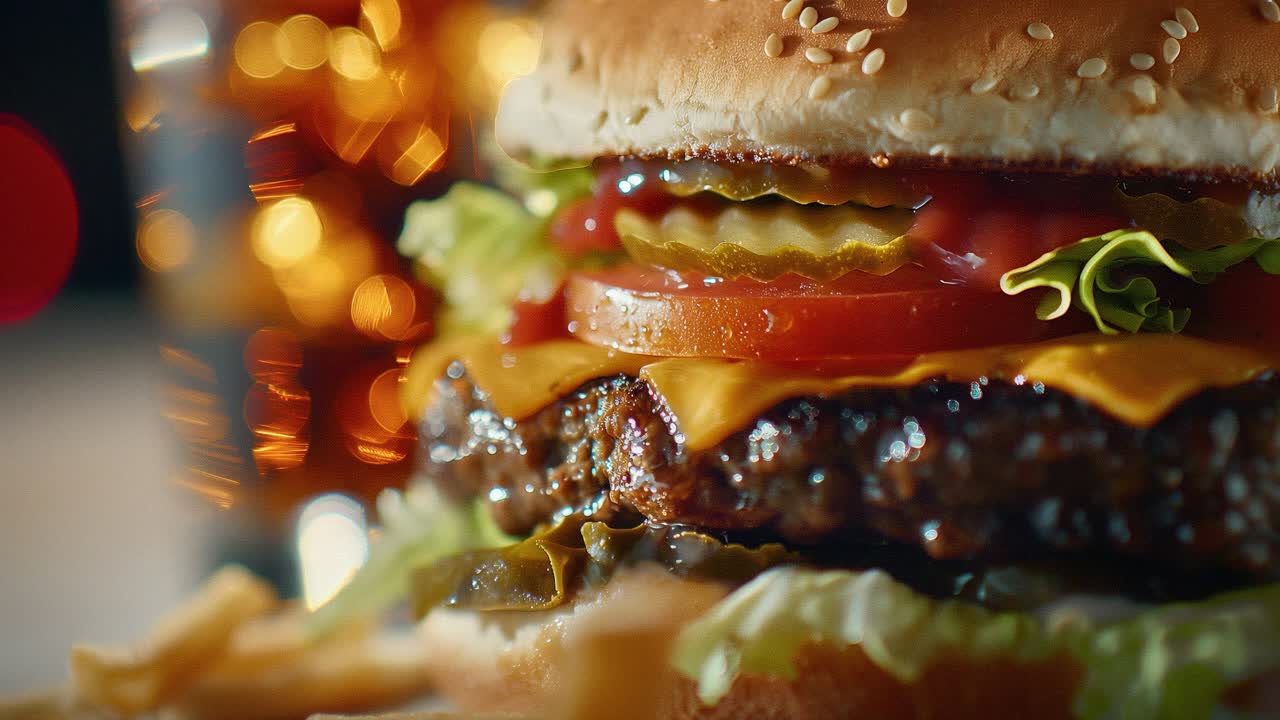 Close up of a juicy cheeseburger topped with melted cheese, fresh lettuce, tomato, and pickles in a sesame seed bun, paired with crispy fries and a soda against a backdrop of sparkling lights