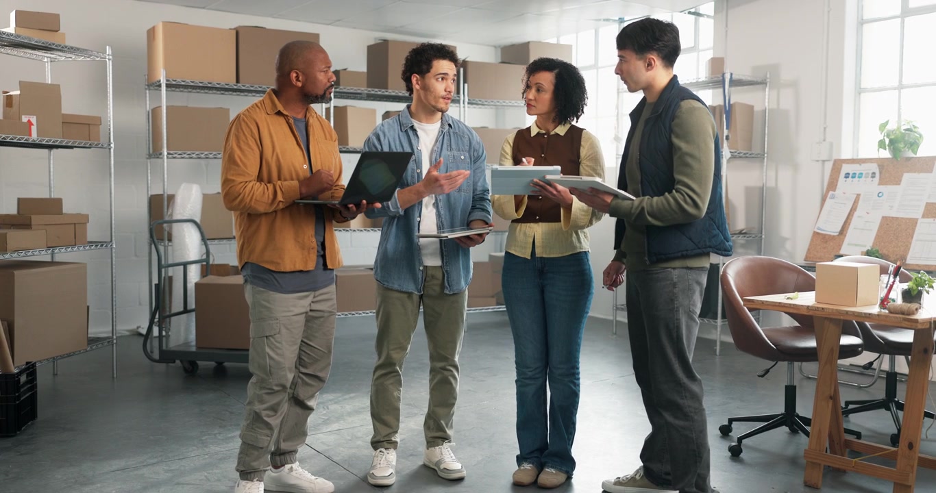 Diverse Team Collaborating on Project in Warehouse Office