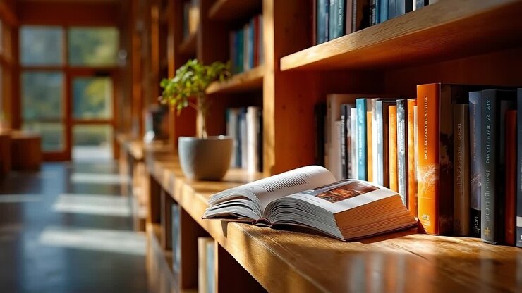Un libro appoggiato su uno scaffale di legno accanto a una pianta in vaso