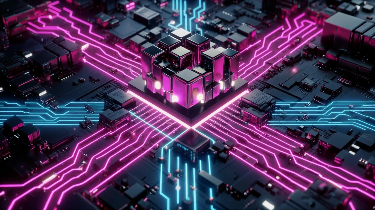 Futuristic Processor Chip with Glowing Neon Data Circuits