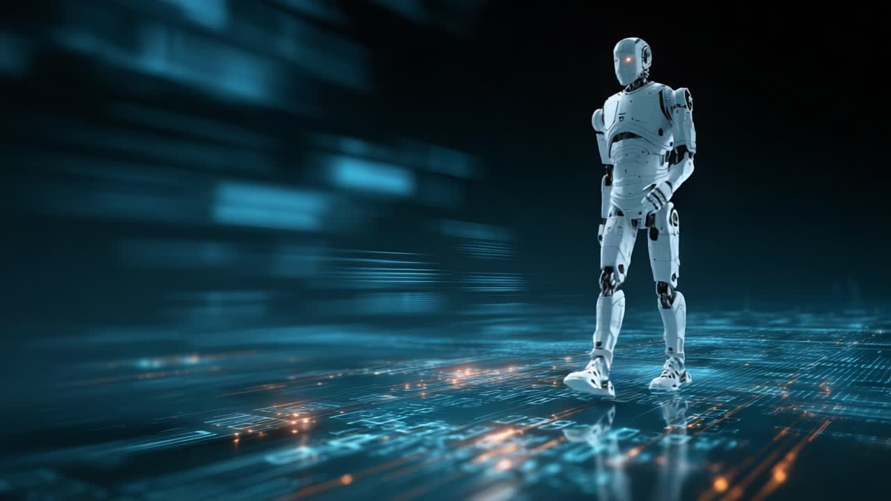 A humanoid robot strides confidently through a futuristic digital environment, showcasing advanced technology and innovation in robotics and AI-driven design
