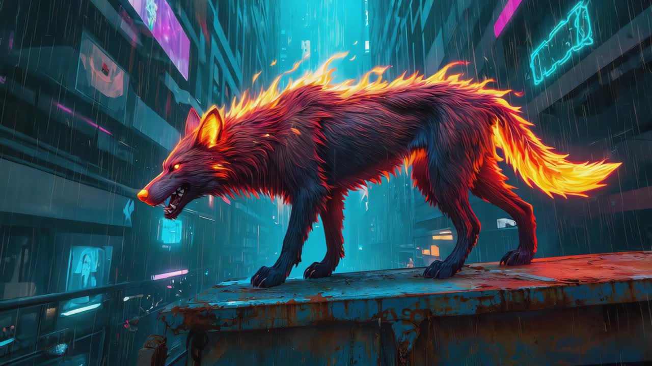 Lupo cyberpunk di fuoco in un paesaggio urbano distopico