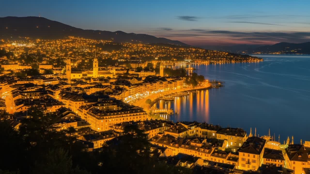 Breathtaking Night Views of a Lakeside Town Bathed in Golden Lights and Serenity at Twilight, Showcasing Natural Beauty and Urban Charm