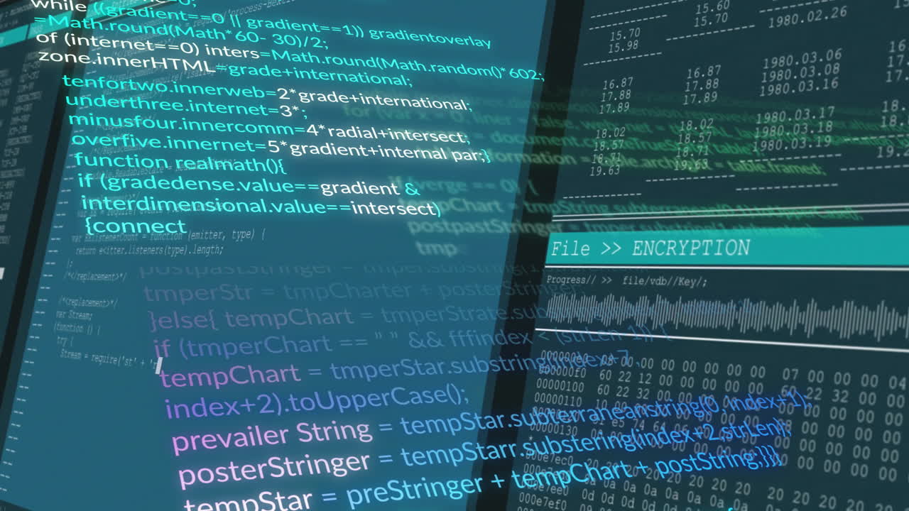 Animation of computer code and encryption data overlaying digital screen interface