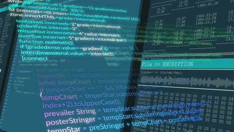 animation of computer code and encryption data overlaying digital screen interface