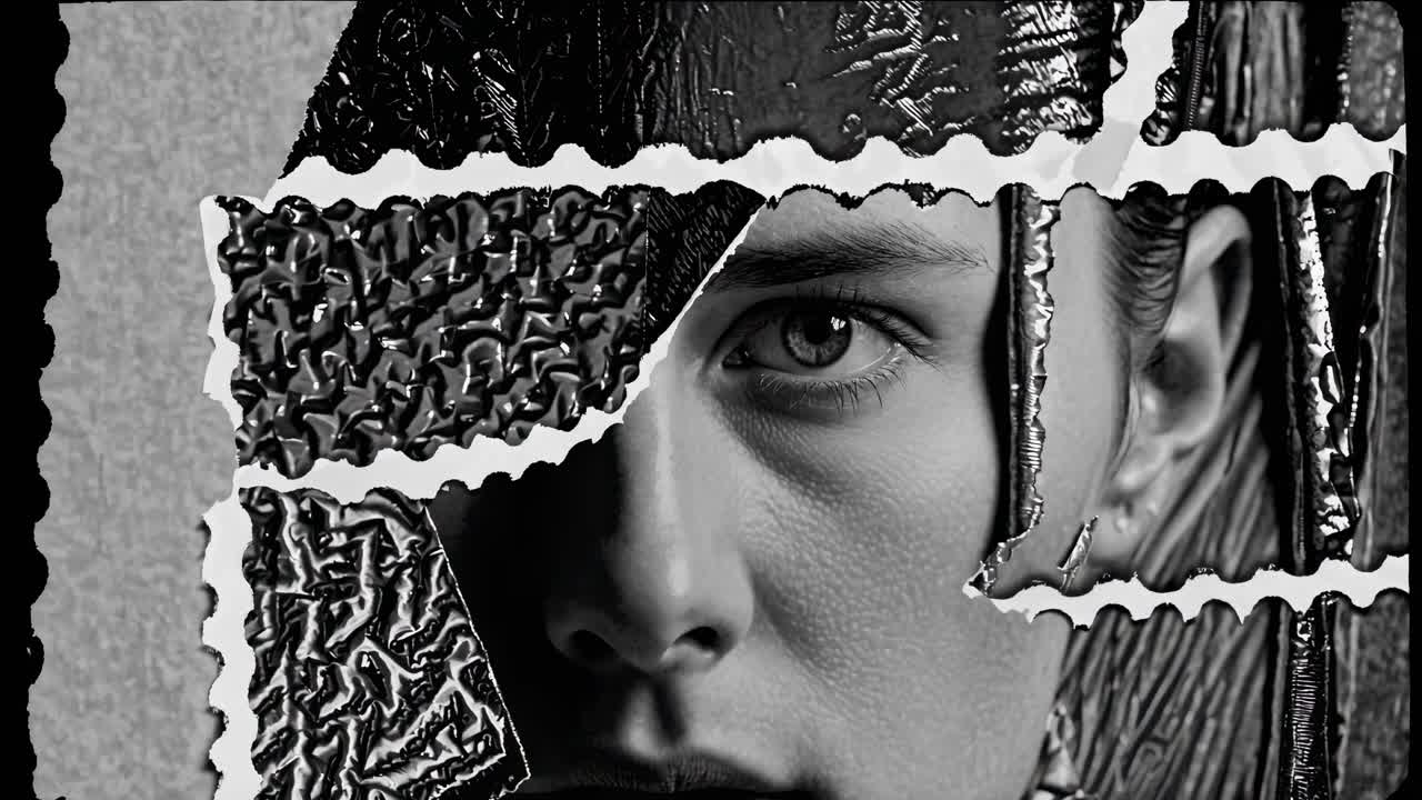 Black and white close up of a model's face partially covered by torn pieces of textured material, creating a mysterious and artistic composition