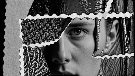 black and white close up of a model's face partially covered by torn pieces of textured material, creating a mysterious and artistic composition