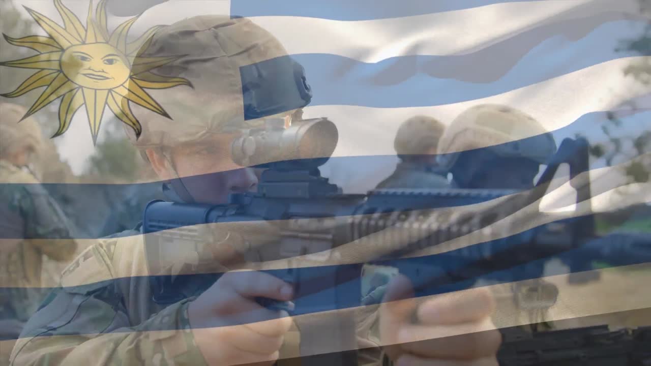 우루과이 의  ⁇ 발 이 장갑 을 입은 여러 군인 들 위 에 그려진 애니메이션