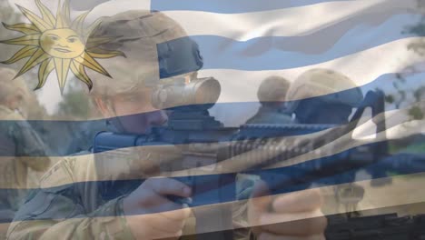 animación de la bandera de uruguay sobre varios soldados con armadura